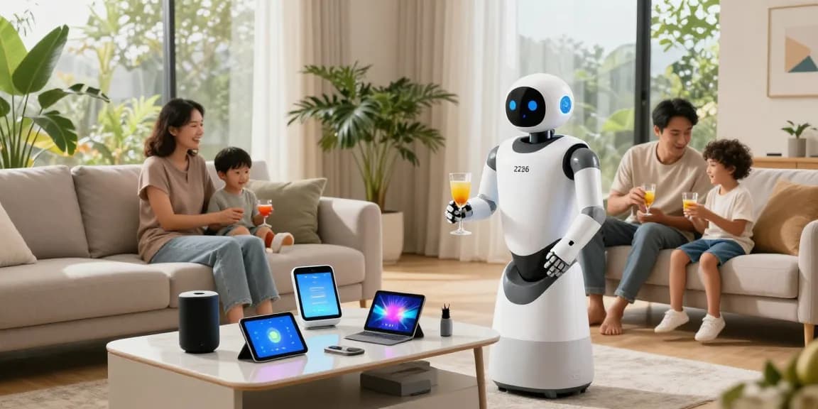 Home robot 2026 assisting family in a modern living room, showcasing smart home integration.