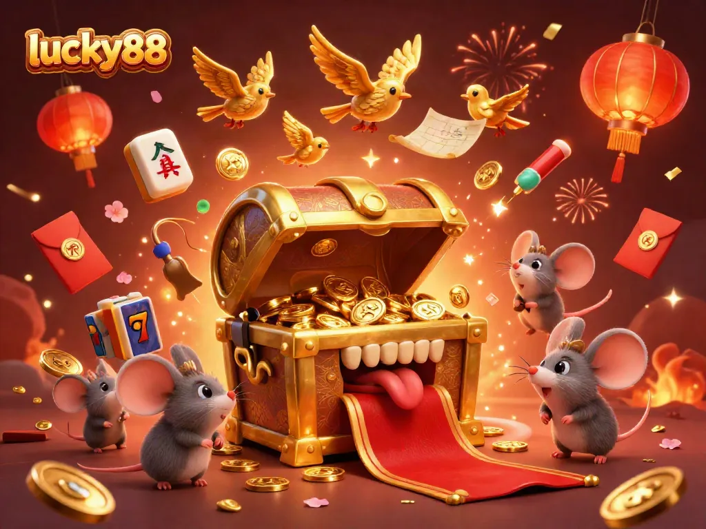 Engage in lucky88 slots with our vibrant 3D illustration showcasing thrilling game features and festive elements.