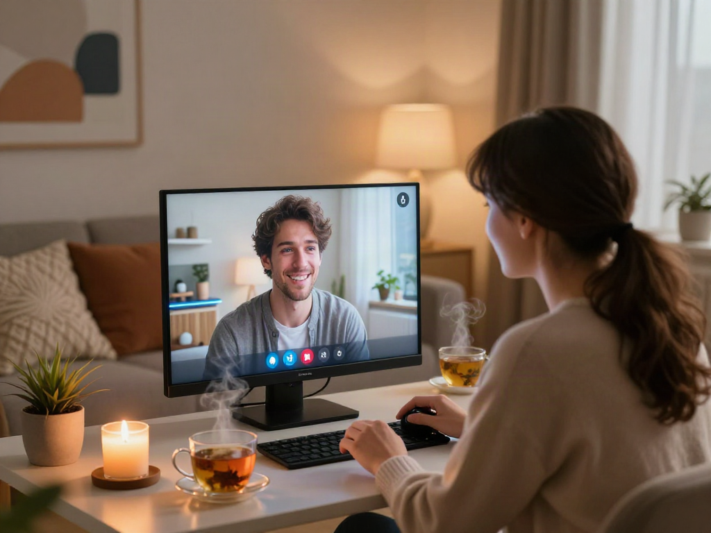 Couple engaging in AI sex chat, showcasing futuristic intimacy through technology in a cozy setting.