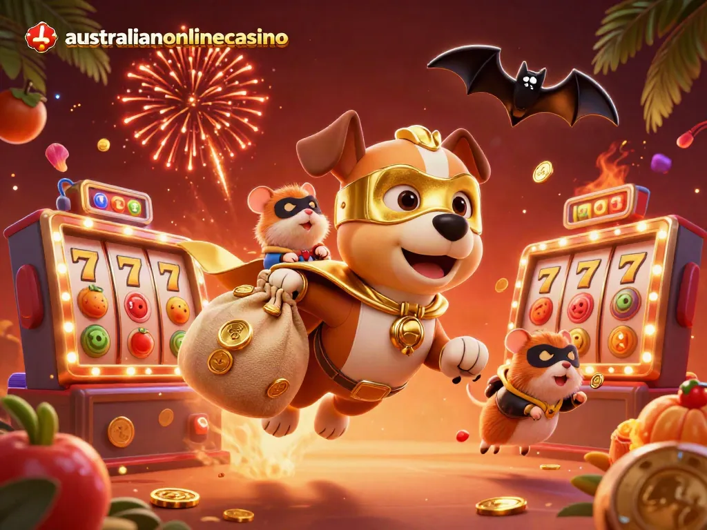 Spin the reels with the superhero dog at australianonlinecasino, enjoying vibrant 3D slots and festive fireworks.