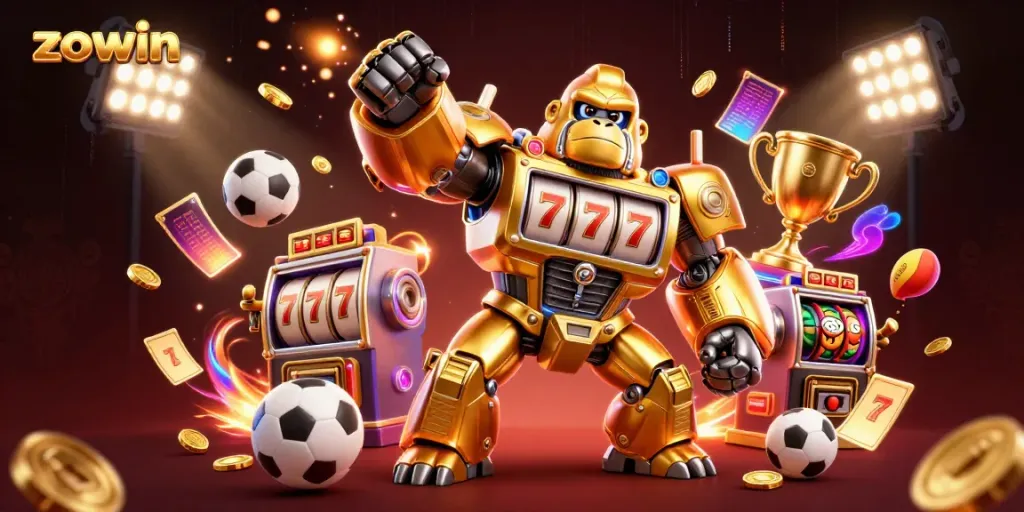 Engage with the dynamic energy of Zowin's casino experience featuring a golden gorilla mech amidst colorful slot and sports elements.