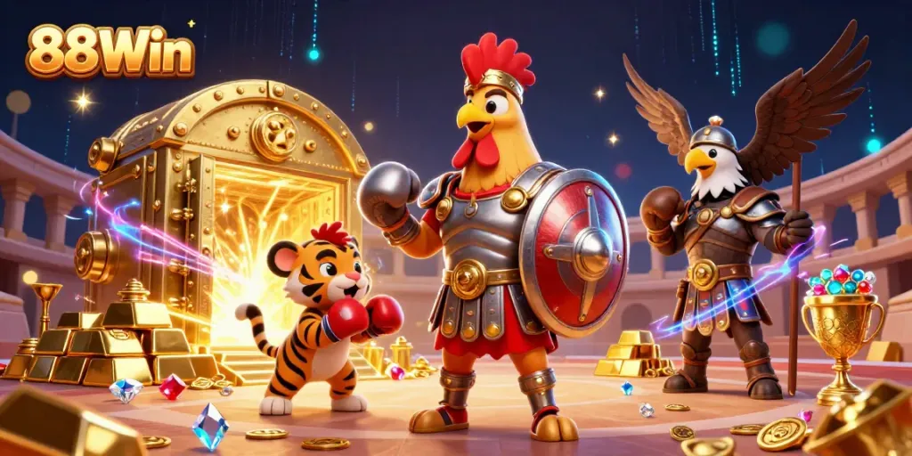 Witness the thrilling action in 88Win's dynamic gaming universe, featuring a golden treasure vault and fantastical characters.