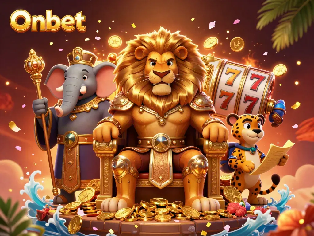 Experience thrilling slot action with Onbet featuring a majestic lion king and vibrant casino elements.