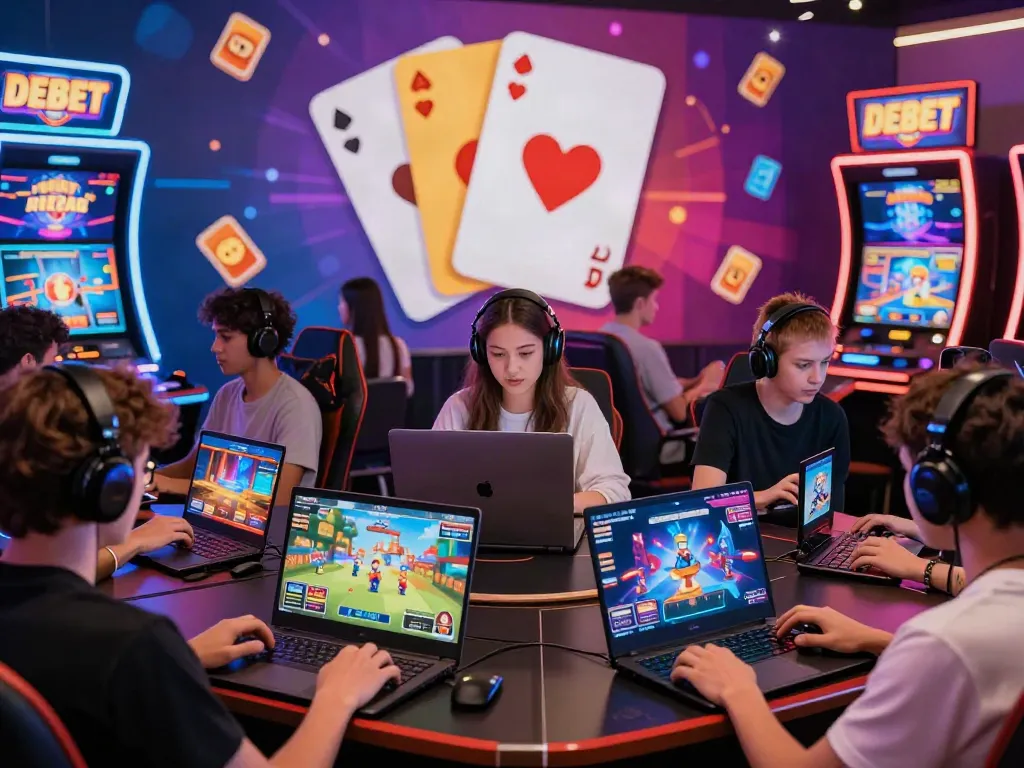 Players on http://debet-onl.com enjoying an immersive gaming experience on digital devices in a vibrant digital casino atmosphere.