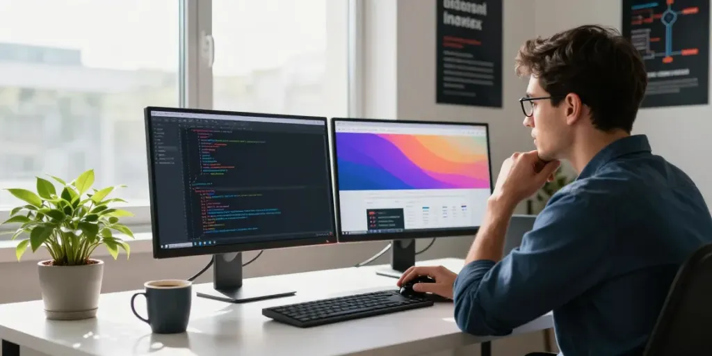 Developer demonstrating instant indexing in a modern tech workspace with dual monitors.