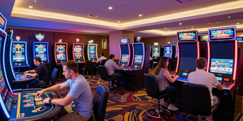 Engaging scene of credit card casinos with players at gaming tables and kiosks