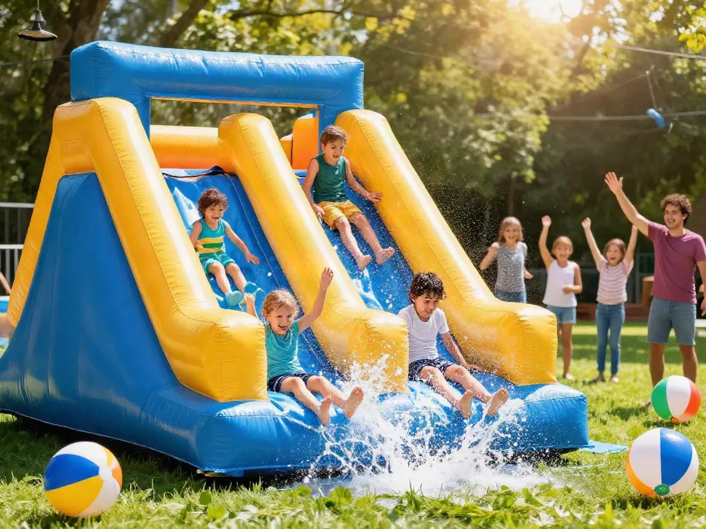 Children enjoying a slip and slide on a sunny day, creating splashes of fun.