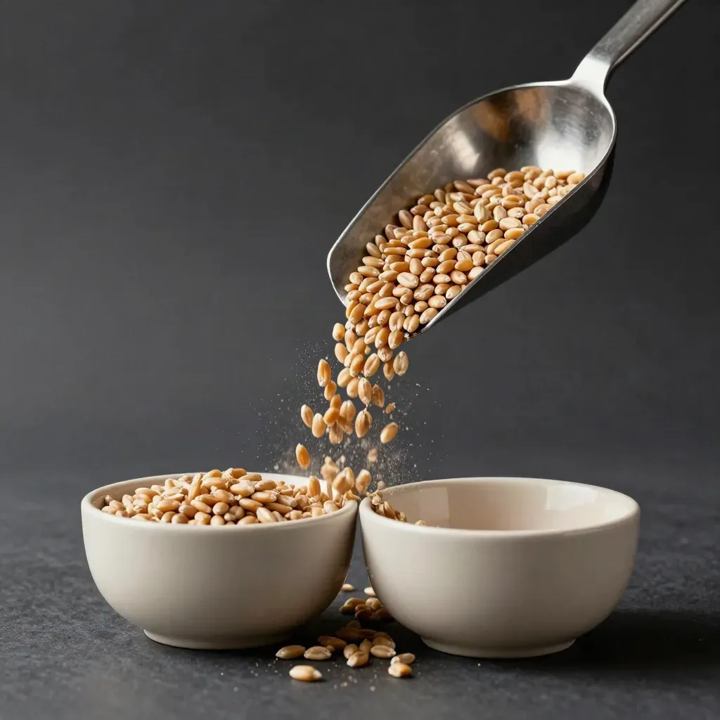 Feed wheat kernels pouring from a steel scoop into two matte sample bowls on charcoal.