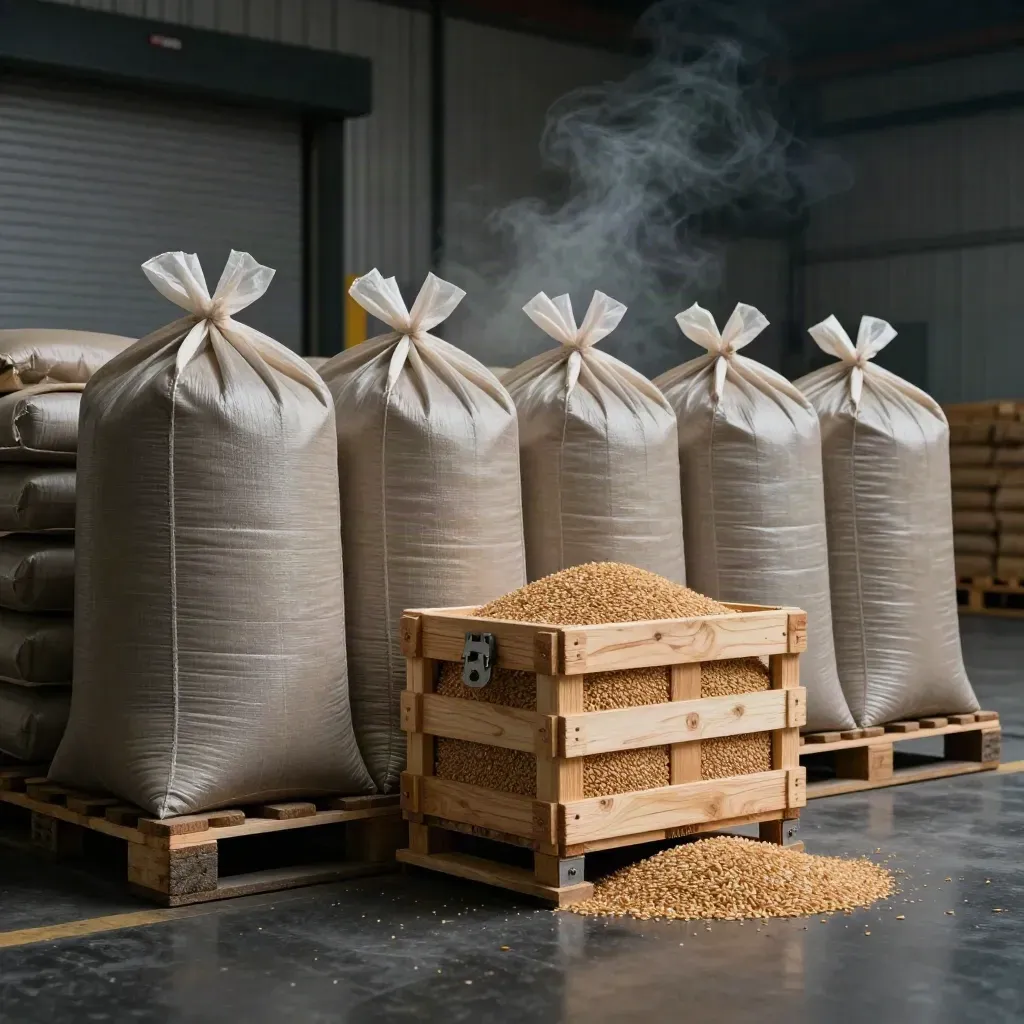 Four wheat bulk bags and an open grain crate on a dark dock, with pallets and haze.