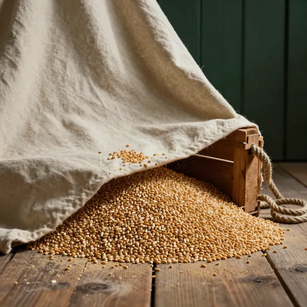 Dusty wheat heap under canvas beside a crate and rope coil in a farm shed.