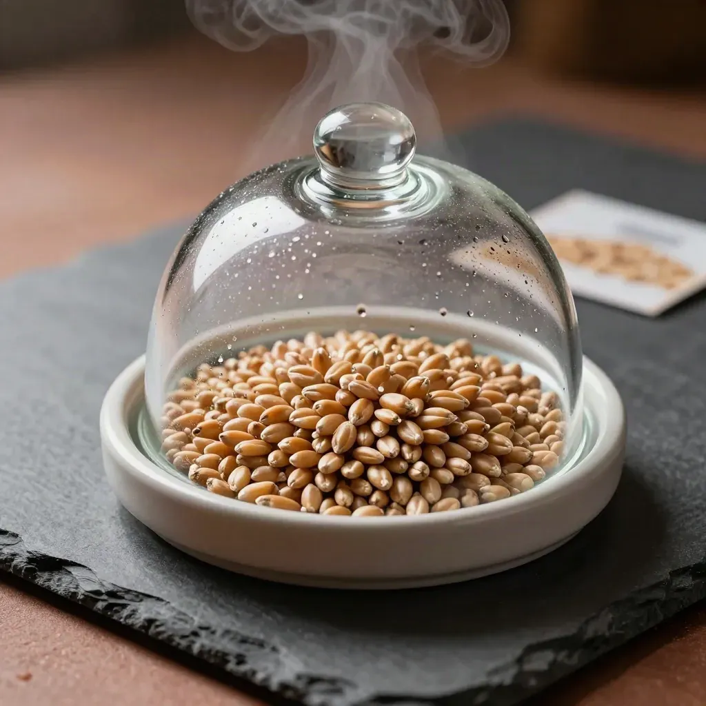 Top-down macro of wheat kernels under a glass dome in a matte ceramic dish with cool vapor