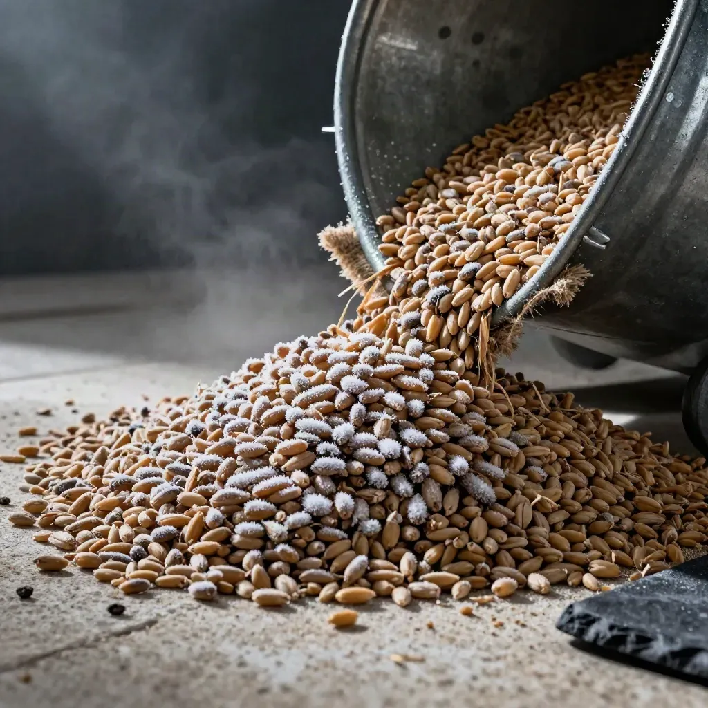 Frosted wheat mound in a galvanized hopper with burlap edge and cold vapour
