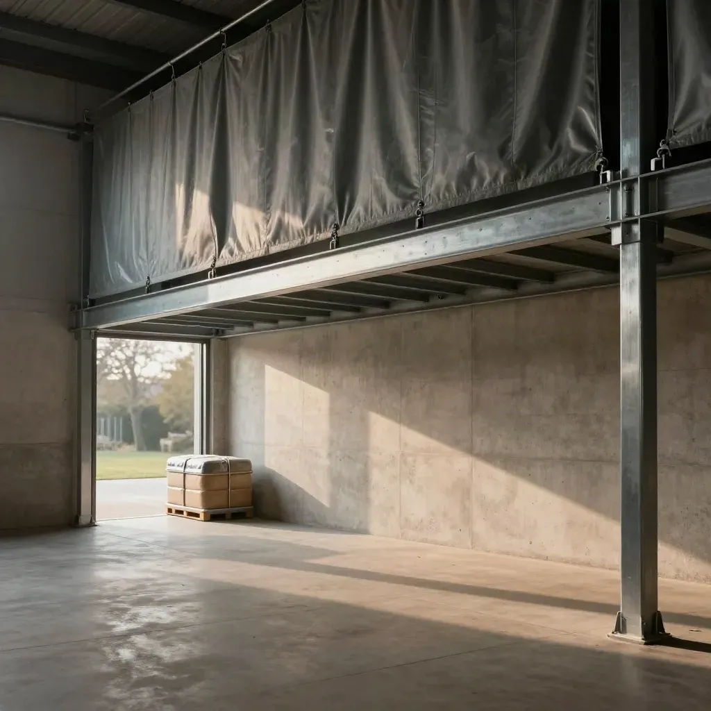 Sunlit storage bay with steel rails, draped tarp, open door and calm concrete floor.