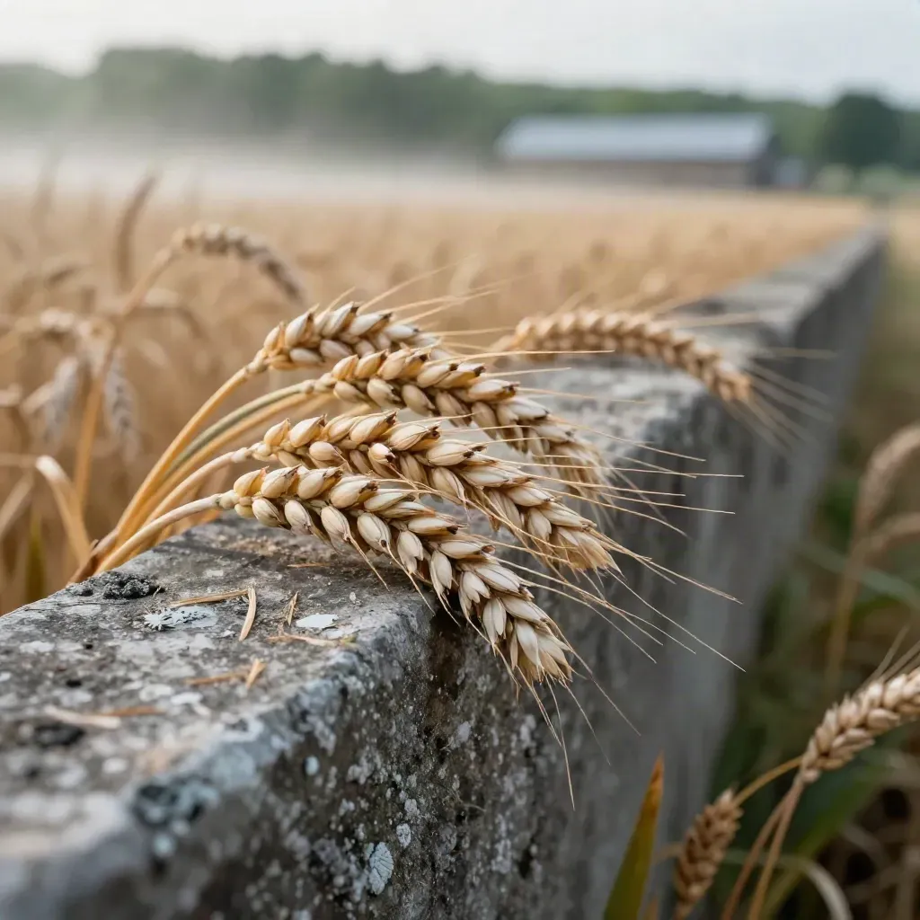 Macro barley and wheat beside a stone edge above a misty grain field