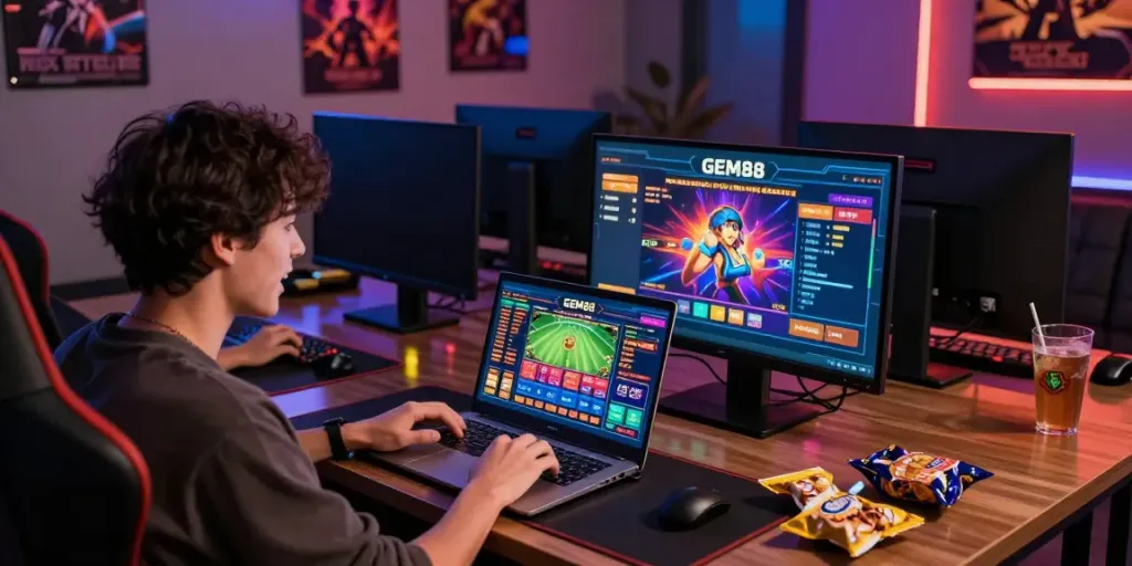 Excited player engaging with nhà cái gem88 on multiple screens in a vibrant gaming room.