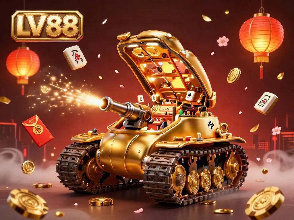 Experience thrilling gameplay at LV88 with a unique 3D casino illustration showcasing a golden beetle tank and dynamic elements.
