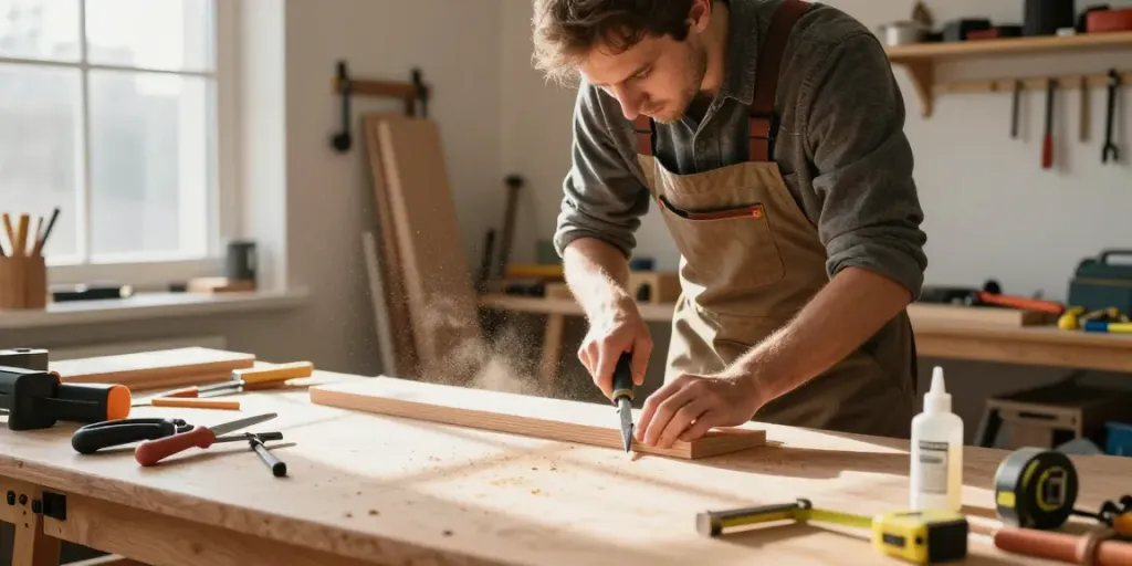 Craftsman using a Festool knife on wood in a cozy workshop