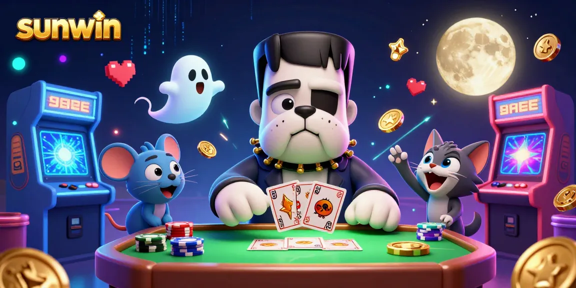 Sunwin's Frankenstein bulldog monster dealing cards at a spooky casino table filled with chips and ghostly elements.