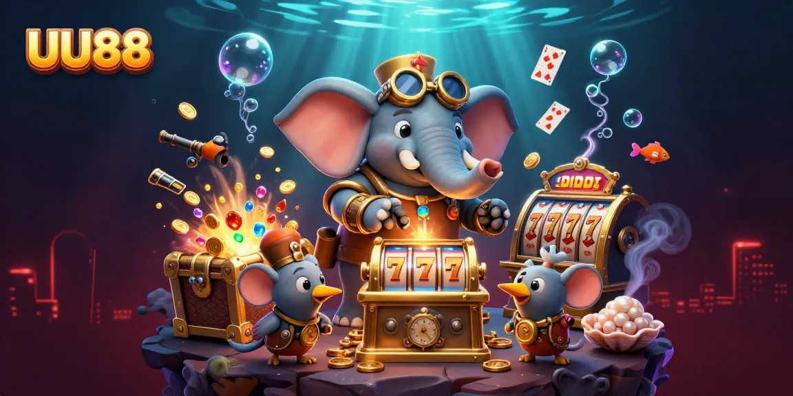 Engage with exciting slot machine gameplay at UU88, featuring a steampunk elephant engineer and immersive casino elements.