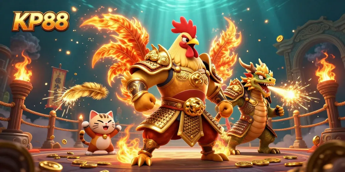 Engage in thrilling gameplay with KP88 as the majestic rooster warrior dominates the gambling arena.