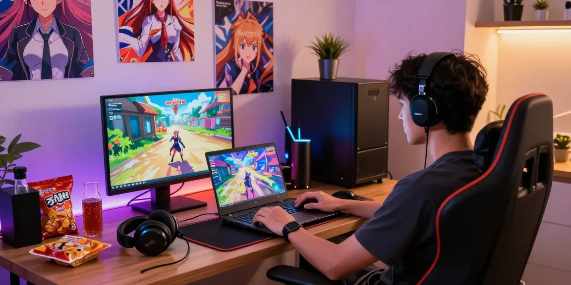 Engaging gamer playing a hentai game in a vibrant home office.