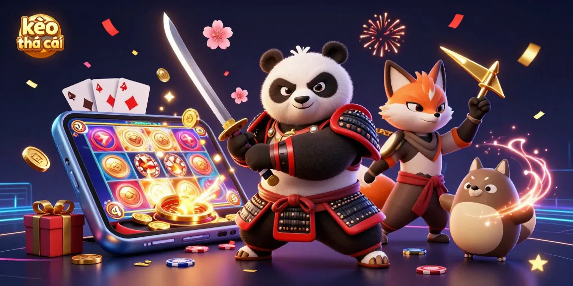 Engage in kèo nhà cái action featuring samurai panda and ninja fox, with vibrant casino elements.