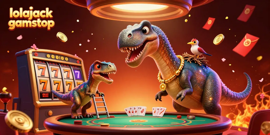 Lolajack Casino Gamstop scene featuring a brontosaurus and raptor at a lively poker table with slot reels.
