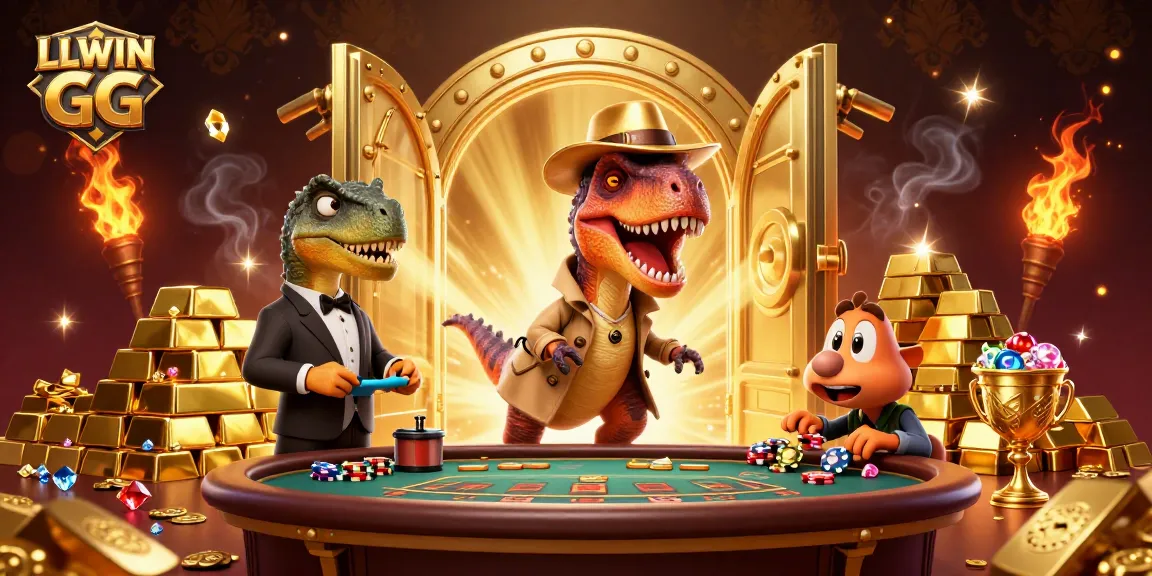 LLWIN GG showcases a 3D velociraptor card counter at a blackjack table amidst gold treasures.