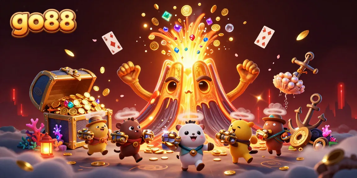 Win big at go88 casino with a vibrant 3D illustration showcasing treasures and exciting gameplay elements.