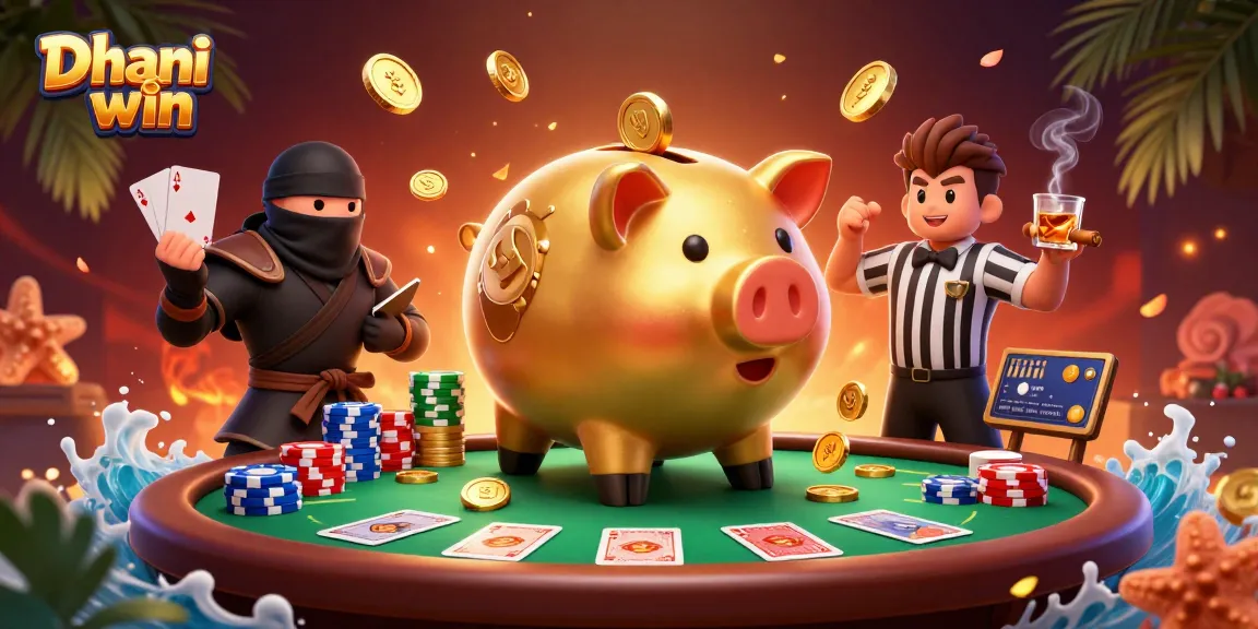Dhani win features an exciting gambling scene with a golden piggy bank sumo wrestler and vivid casino elements.